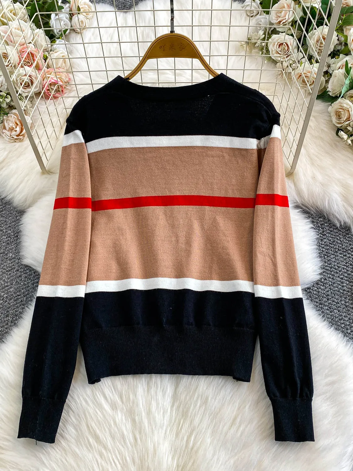 Süße Streifen V-Ne offene Strickjacke Damen locker gestrickt Top Winter Faion Design lässig bequeme Passform lange Sve Pullover