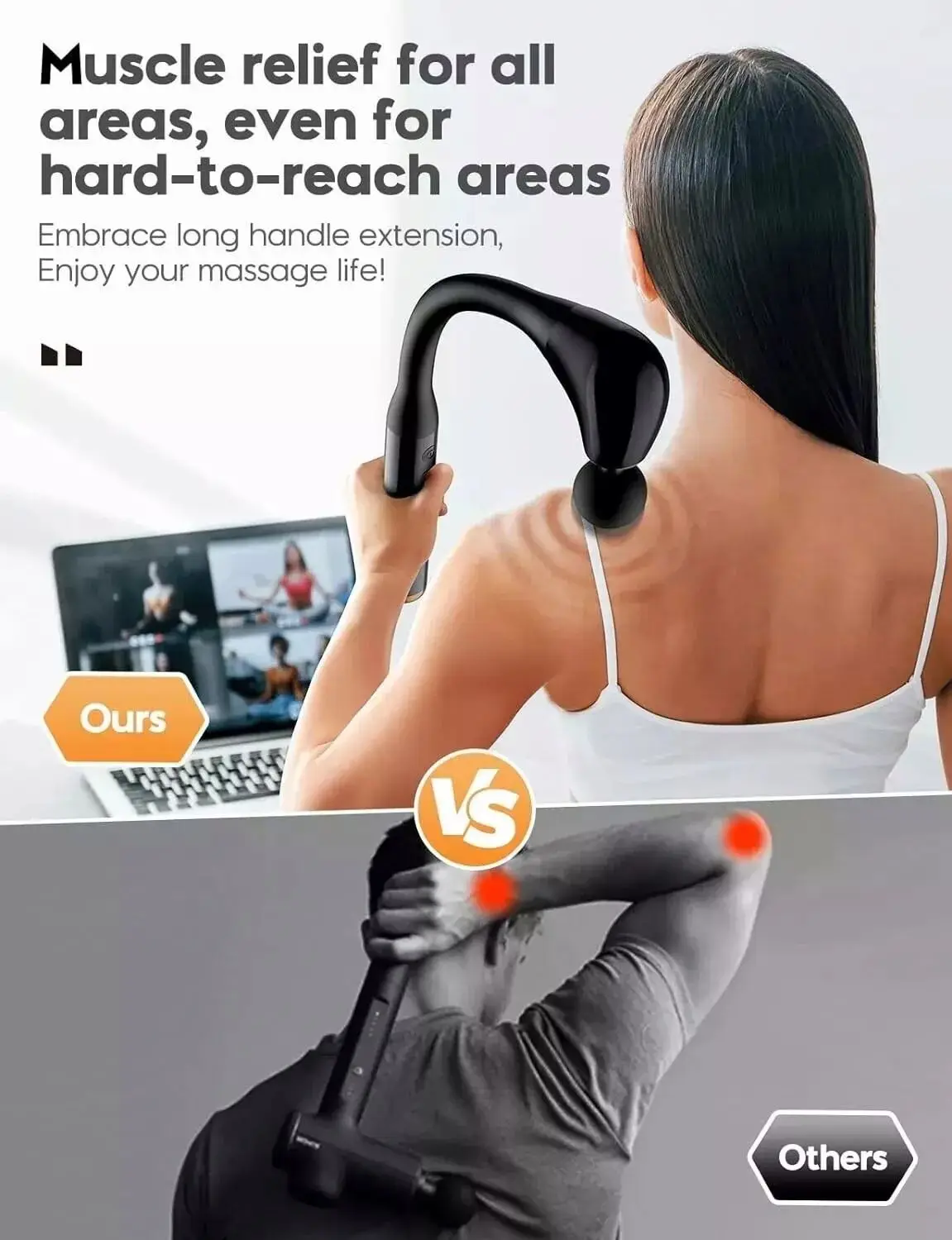 Deep Tissue Fascia Muscle Relaxation Hammer Handheld Massager Extended Handle Four Heads 1500mAh Battery 5 Gears Type-C