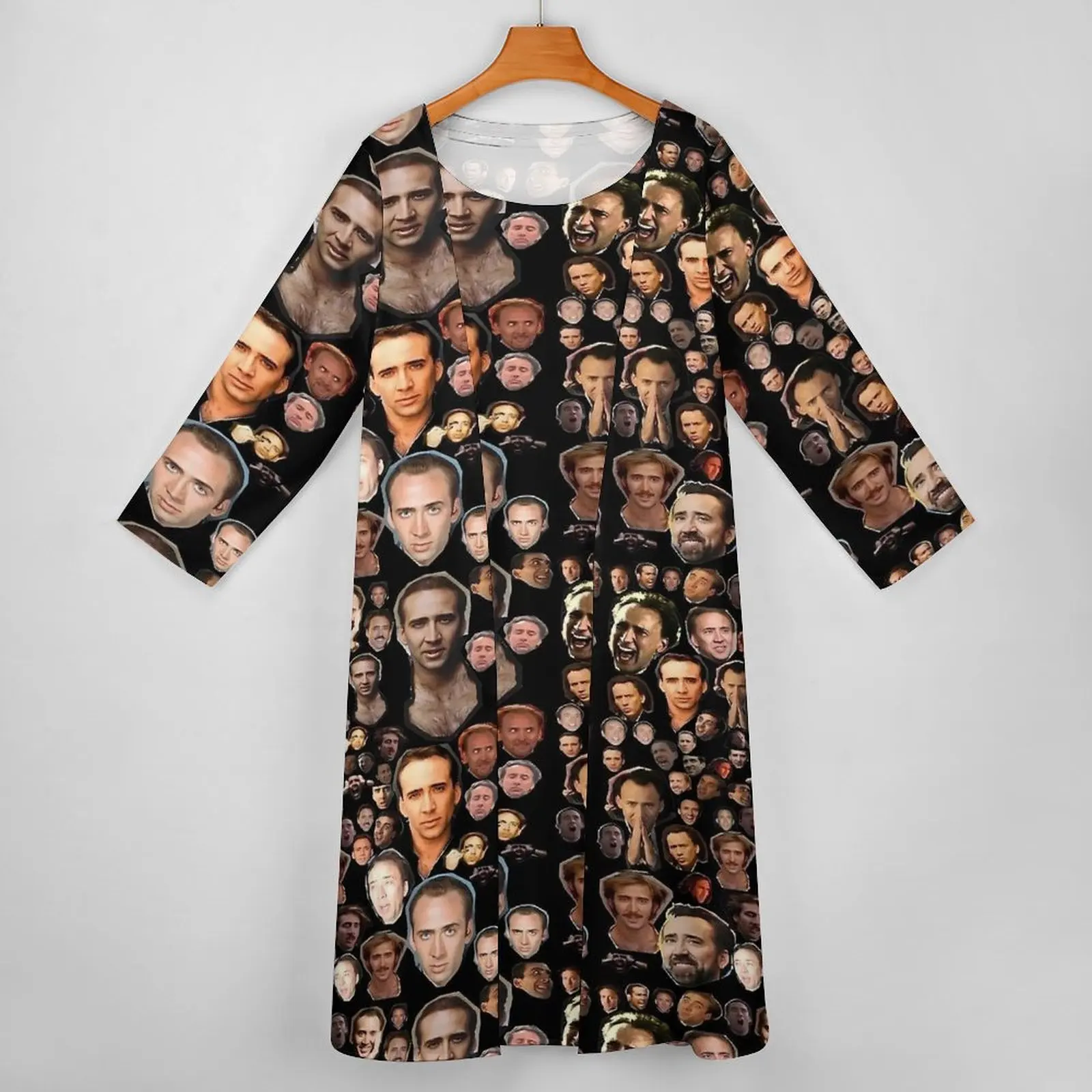 Nicholas Cage Faces Kleid Langarm Street Style Boho Strand Lange Kleider Frau Kawaii Maxikleid Geschenkidee