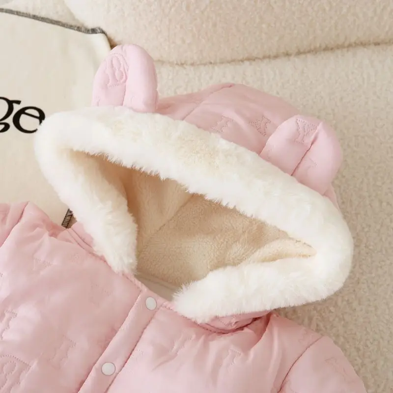 2026 Baby Winter Cute Girls Onesie Winter Small Month Newborn Boys Girls Infant Hooded Thick Outdoor Wear