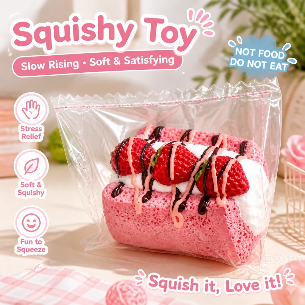 Simulated Strawberry Cake Squeeze Toy Food Grade Silicone Material Cute Pink Dessert Squishy Toy Stress Relief Fidget Toy