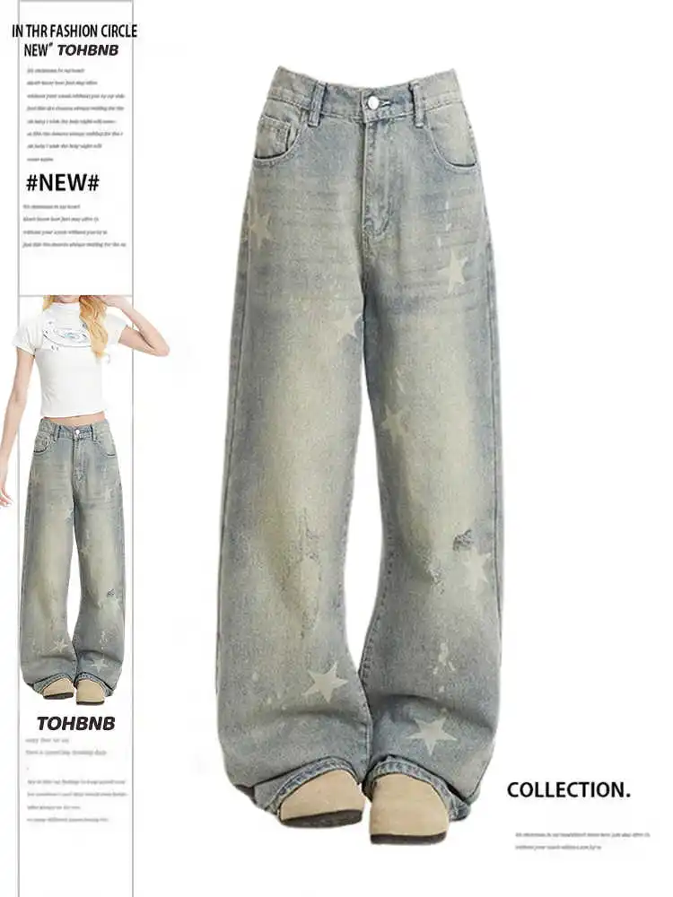 

Женские джинсы Американские мешковатые джинсы в стиле ретро 2000-х годов Звездные джинсовые брюки Y2k Широкие длинные брюки High Street Японский Харадзюку Новинка