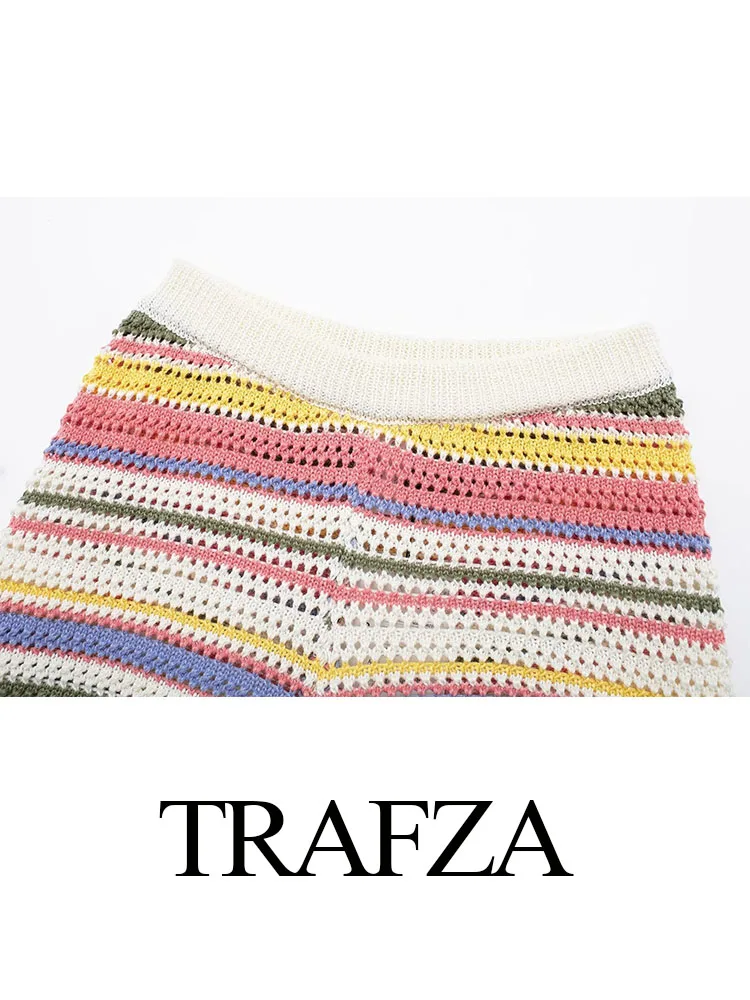 TRAFZA Women Fashion Multicolor Stripe High Waist Chic Shorts Woman Summer Knitted Elastic Waist Slim Casual Shorts Streetwear