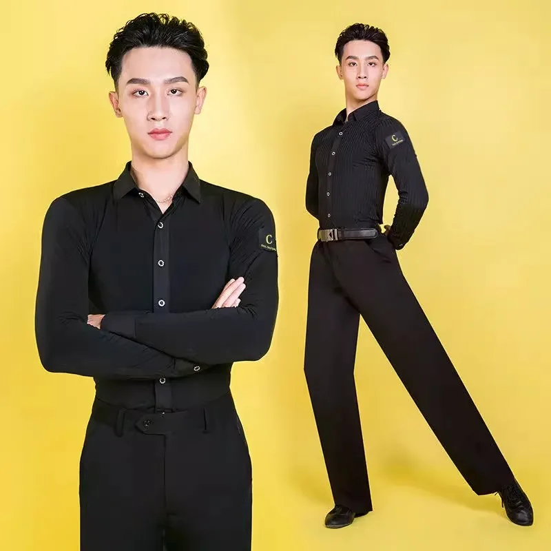 백인 남성 라틴 댄스 셔츠 옷 긴 소매 표준 현대 볼룸 탑 성능 왈츠 연습 댄스웨어 의상