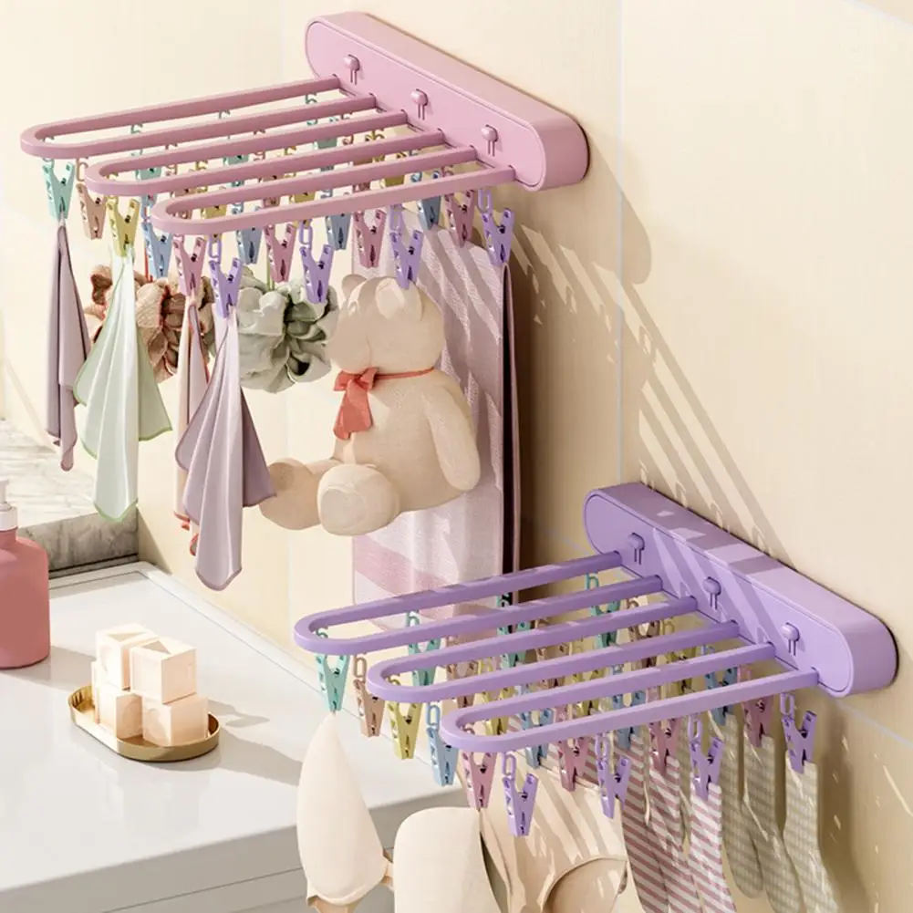 Folding Clothing Drying Hanger with 24 Windproof Clips Wall Mount No Drill Sock Underwear Bra Brief Towel Rack Bathroom Supplies