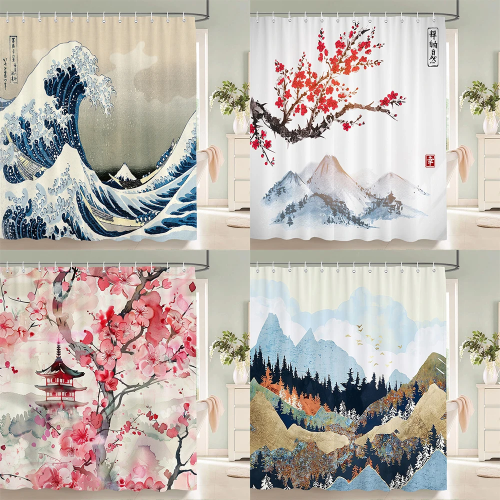 

Waterproof Polyester Fabric Shower Curtain Japanese-style Waves Samurai landscape 3d Printing Bathroom Decor Shower Curtains
