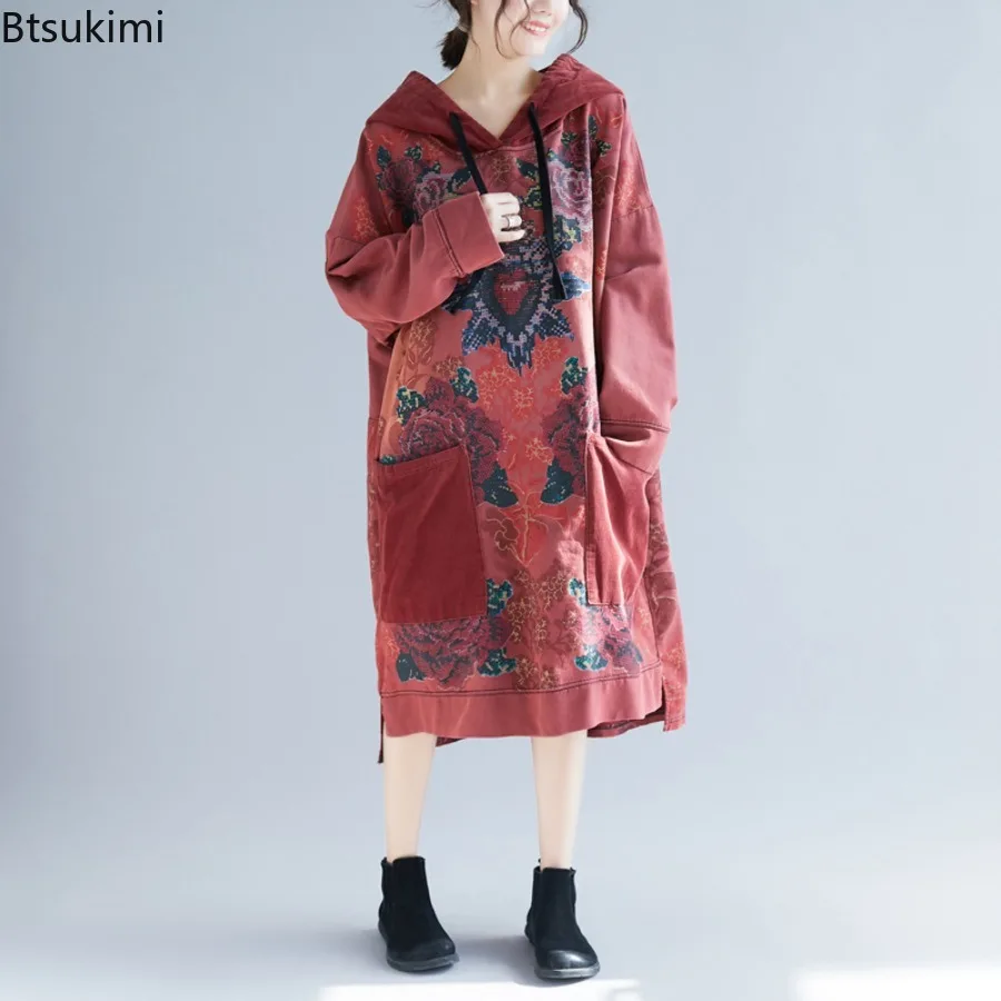 Ethnic Style Women's Mid-length Hoodies Vintage Print Loose Casual Dress Spring Autumn Big Size Women Clothes Hooded Sweatshirts