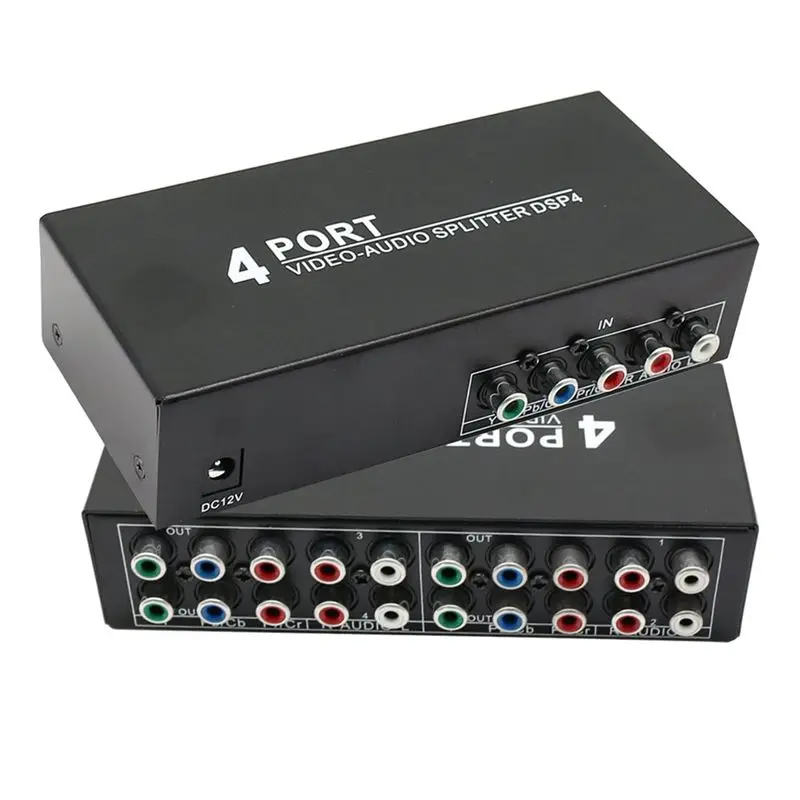B76B AV Component Video Audio Splitter 1 in 4 Out 4-Way RCA YPbPr AV Switch Box for DVD Home Theater EU Plug Metal Black