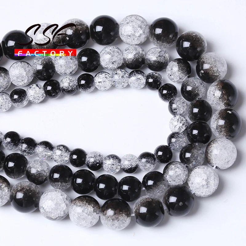 Bicolor Black White Glass Round Beads Natural Snow Cracked Quartz Crystal Beads For Jewelry Making Diy Bracelets 6 8 10 12mm 15\