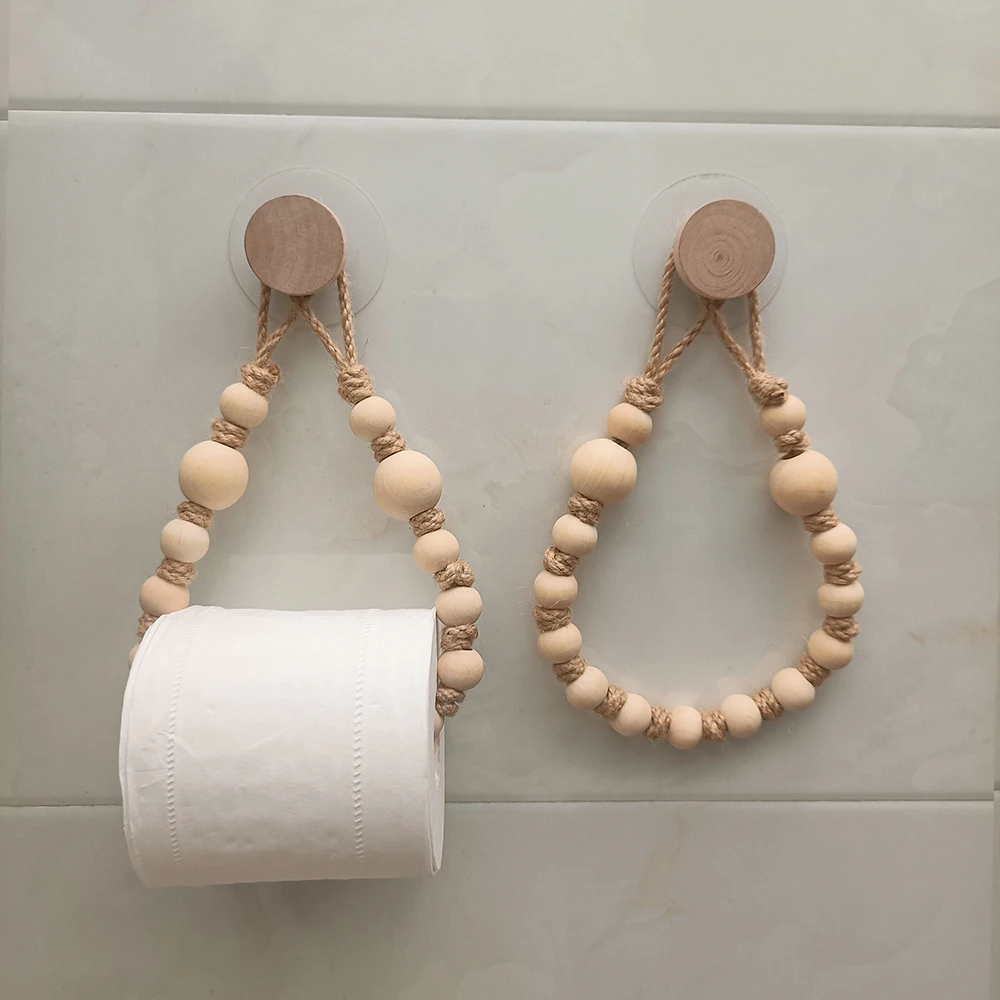 No-Drill Toilet Paper Holder with Rustic-Style Hemp Rope and Wooden Ball, Adhesive Installation, Bathroom Accessory