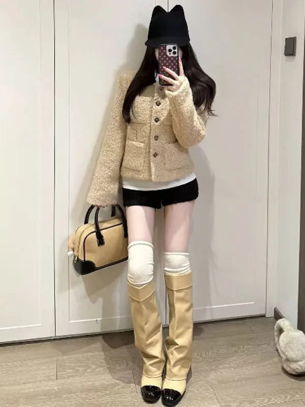 

Женская модная куртка с воротником из овечьей шерсти, весна 2026, премиум-качество, верхняя одежда