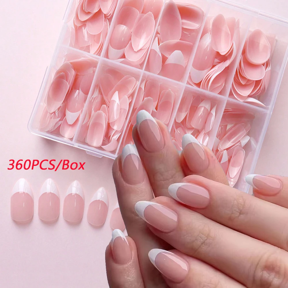 

360Pcs/Box French Tip Press On Nails Almond Shape Full Cover Fake Nails White French Nude Pink Reusable Acrylic Fake Nail Tips