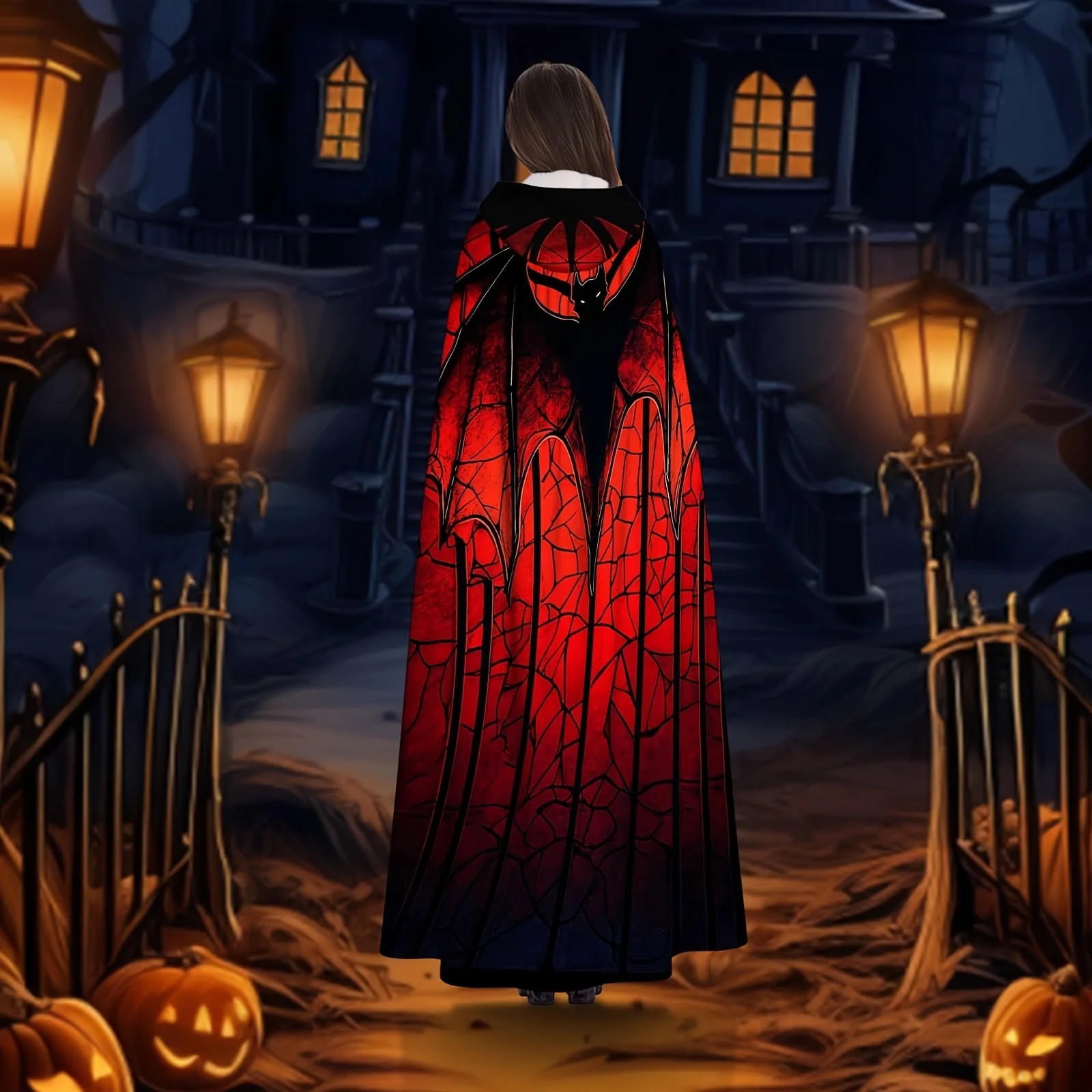 Customization Adult Hooded Robe Featuring A Stained Glass Design With Bat Silhouettes And Red Lighting, Perfect For Halloween Co