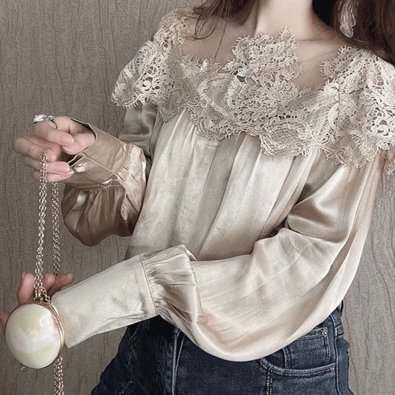 2023 Summer Fashion Lace Round Neck Fashion Sexy Women\'clothing Casual Versatile Pleated Long Sleeve Breathable Solid Color Top