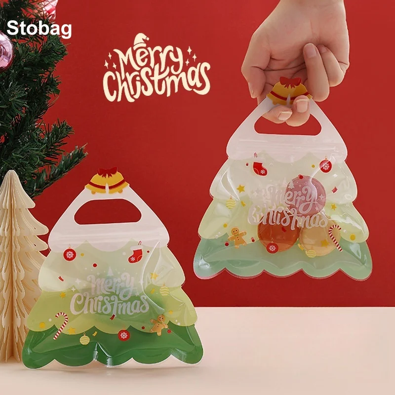 

StoBag 50pcs Merry Christmas Tree Candy Packaging Bags Gift Ziplock for Cookies Kids Child Cute Reusable Pouch Party Favors