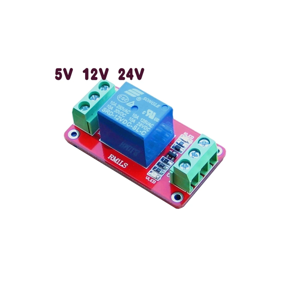 Módulo de relé de 1 canal, disparador de bajo nivel, Terminal bidireccional, placa de relé expandible con luz de señal roja y azul, 5V, 12V, 24V