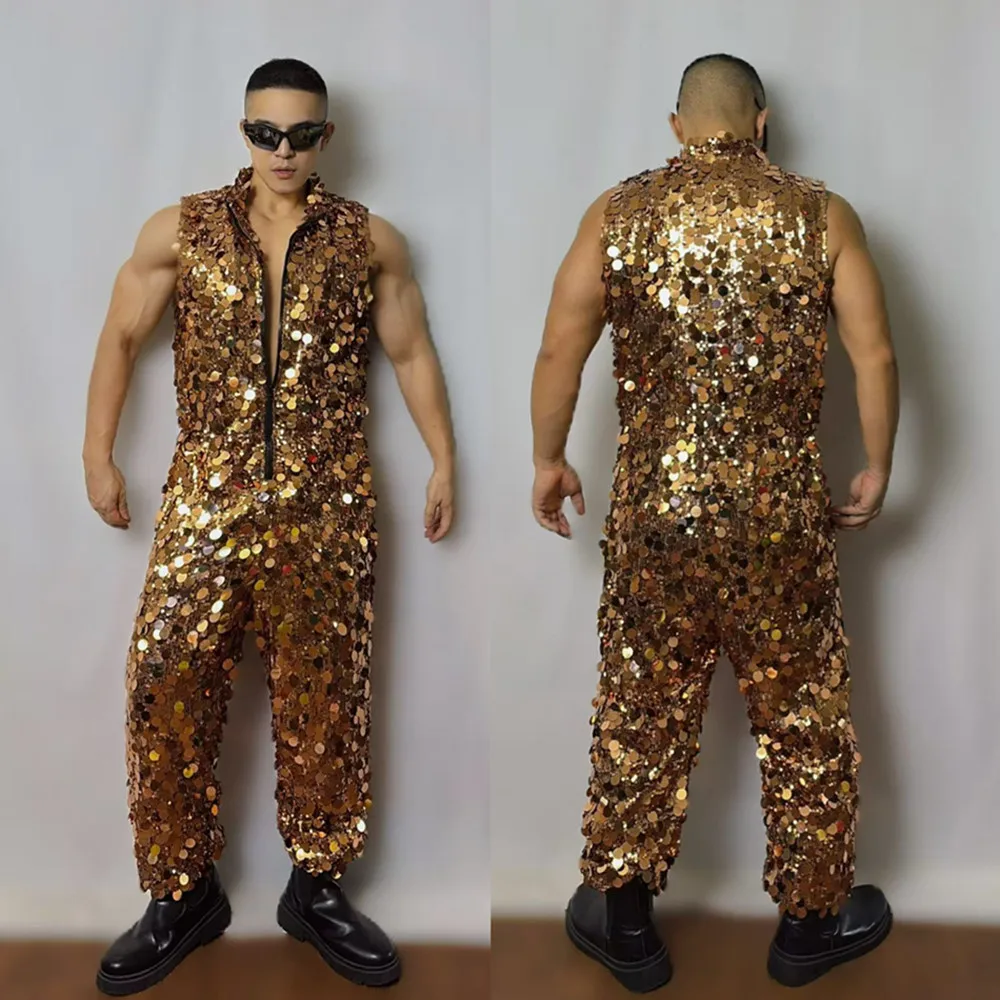 Glitter Oro Argento Paillettes Tuta senza maniche Hip Hop Dance Outfit Festival Party Nightclub Bar Gogo Performance Costume di scena