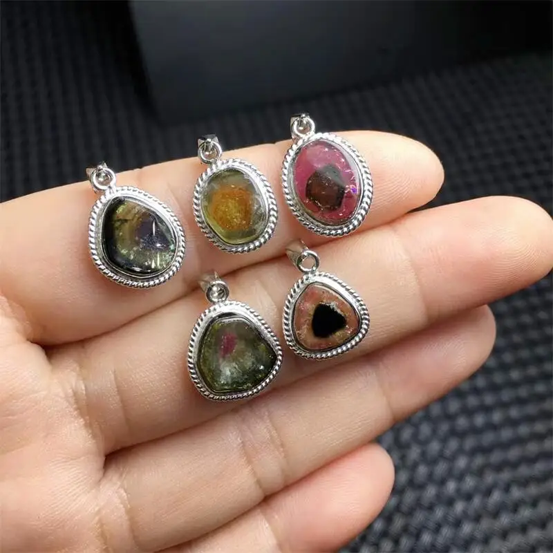 

S925 Natural Watermelon Tourmaline Pendant Jewelry For Women Man Healing Gift Raw Crystal Colour Gemstone 1pcs