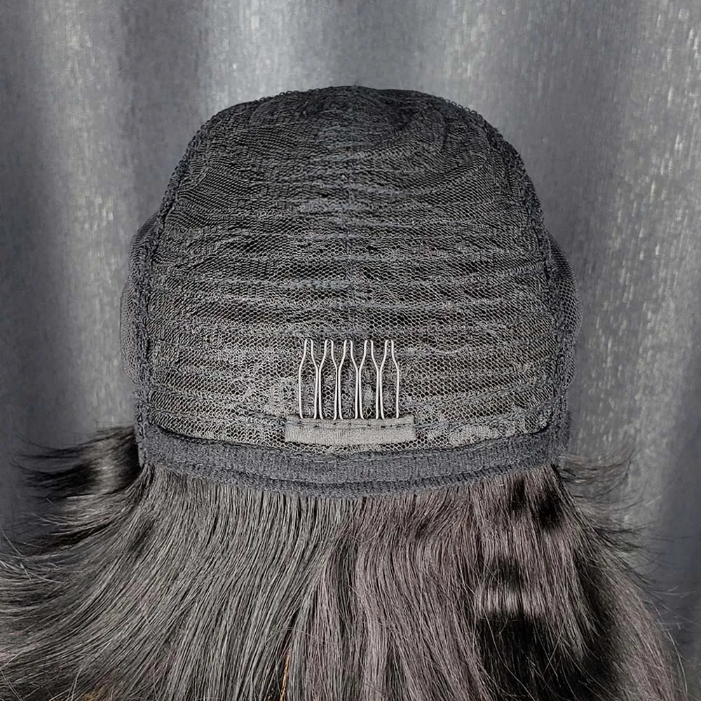 شعر مستعار بقص عابث للنساء بطبقات من شعر بشري مفرود بقص عابث مصنوع آليًا مع غرة بلون طبيعي داكن