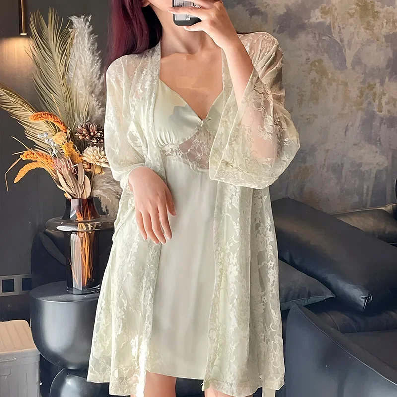 Women Gown Sleepdress Sexy Lace Nighty Robe Spaghetti Strap Sleepwear Summer Silk Satin Nightdress Loungewear Side