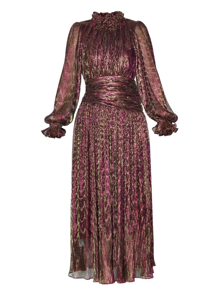 Round-neck three-dimensional flower lantern long-sleeved elastic waistline colorful bright silk flowing big swing dress