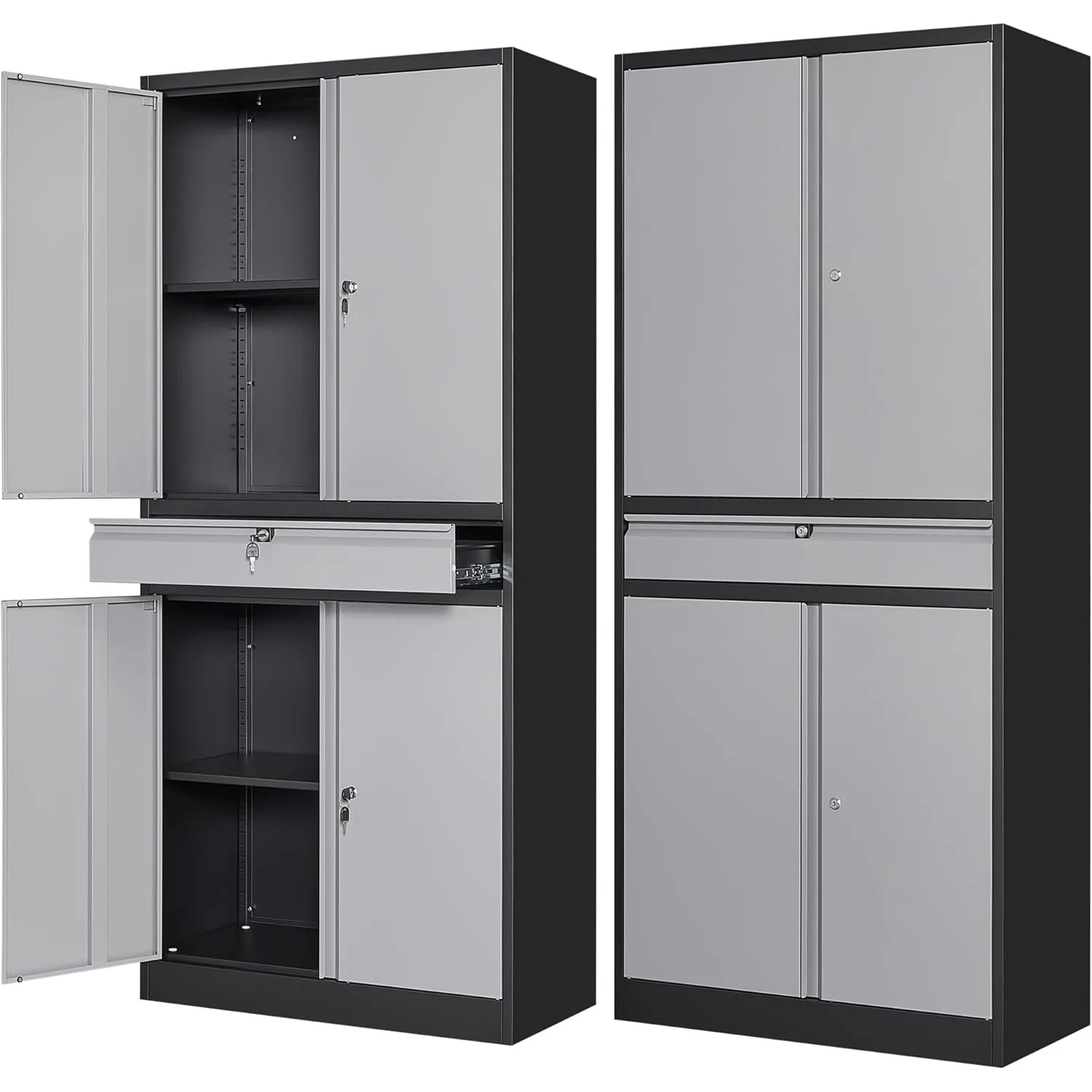 Metal Garage Storage Cabinet w/Drawer,4 Door Tool Cabinet w/Lock-2 Adjustable Shelves for Garage Home Office (Black & Gray)