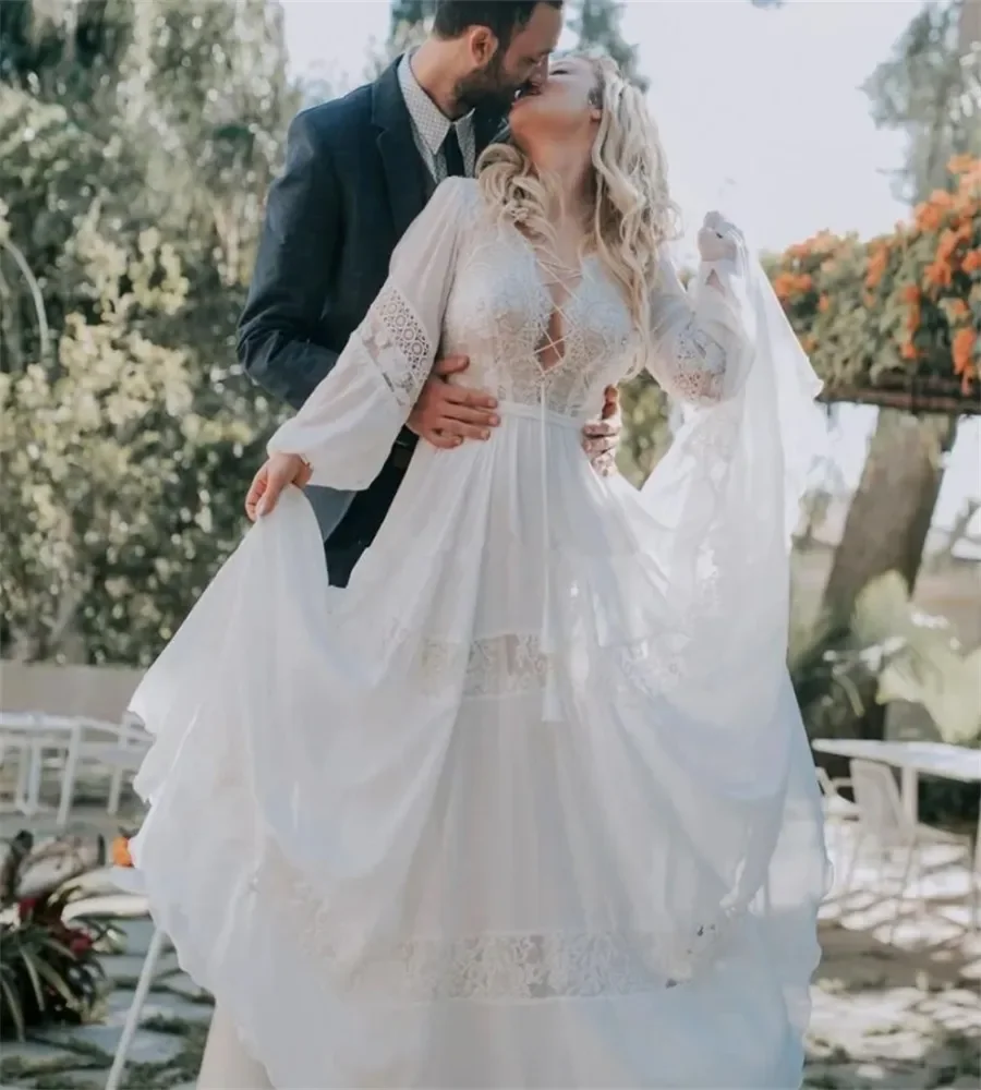 Elegante ed elegante abito da sposa bohémien a maniche lunghe in pizzo abito da sposa da spiaggia abiti da sposa 2025 stravagante Robe De Mariee