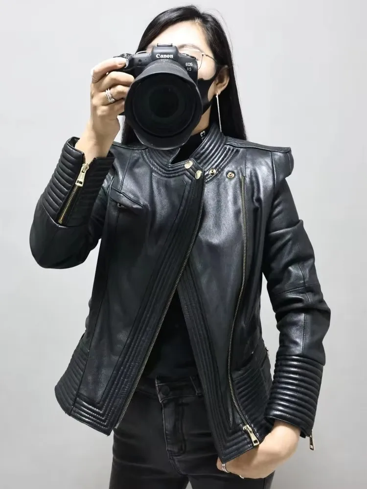 Women Slim Fit Sheepskin Genuine Leather Jacket Motorcycle Biker Coat Stand Collar Short Style Windproof Outwear Riding Jackets
