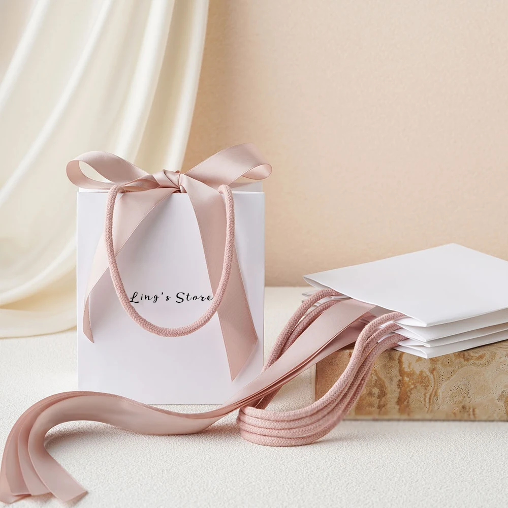 

50Pcs Customized Jewelry Shopping Gift Handle Bag Personalized Paper Tote Pouch Perfume Cosmetic Crystal Boutique Ring Organizer