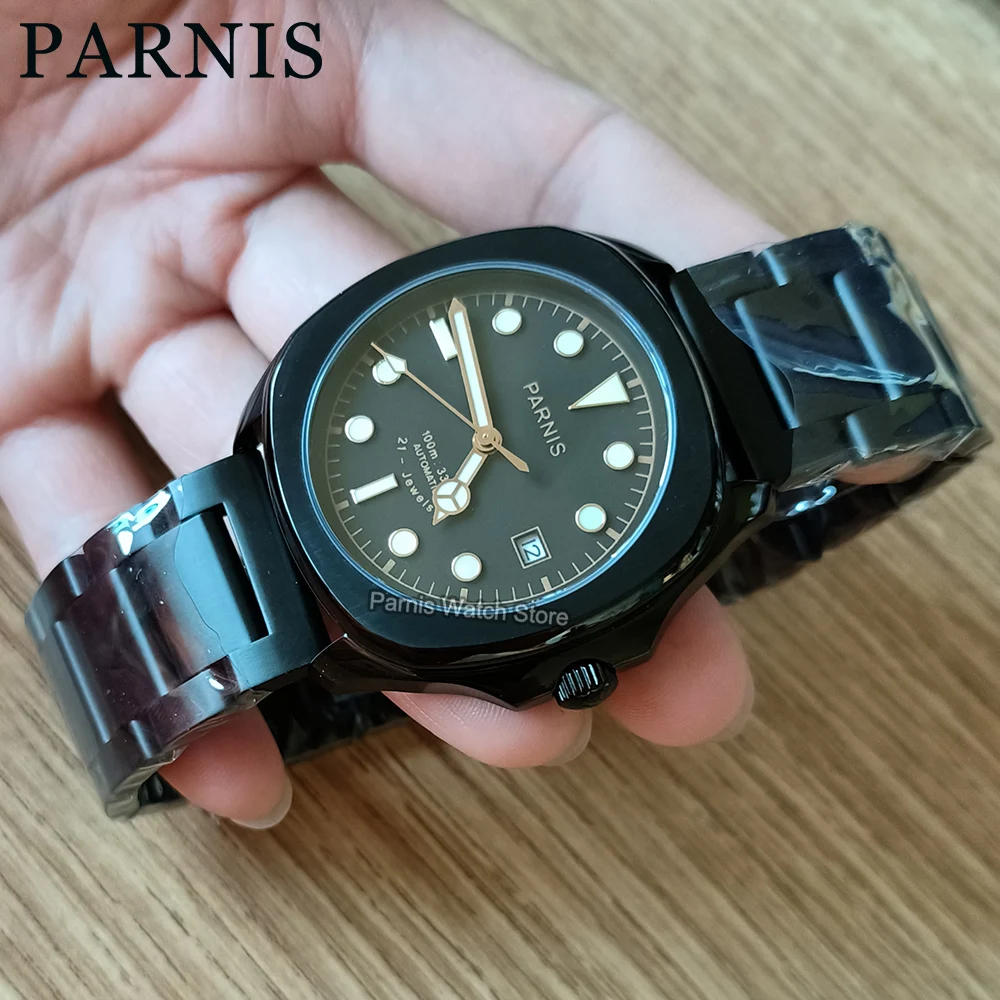 

Parnis 39mm Mens Wristwatch Stainless Steel Miyota8215 Mechanical Automatic Watch Green Dial PVD Coated Black Case