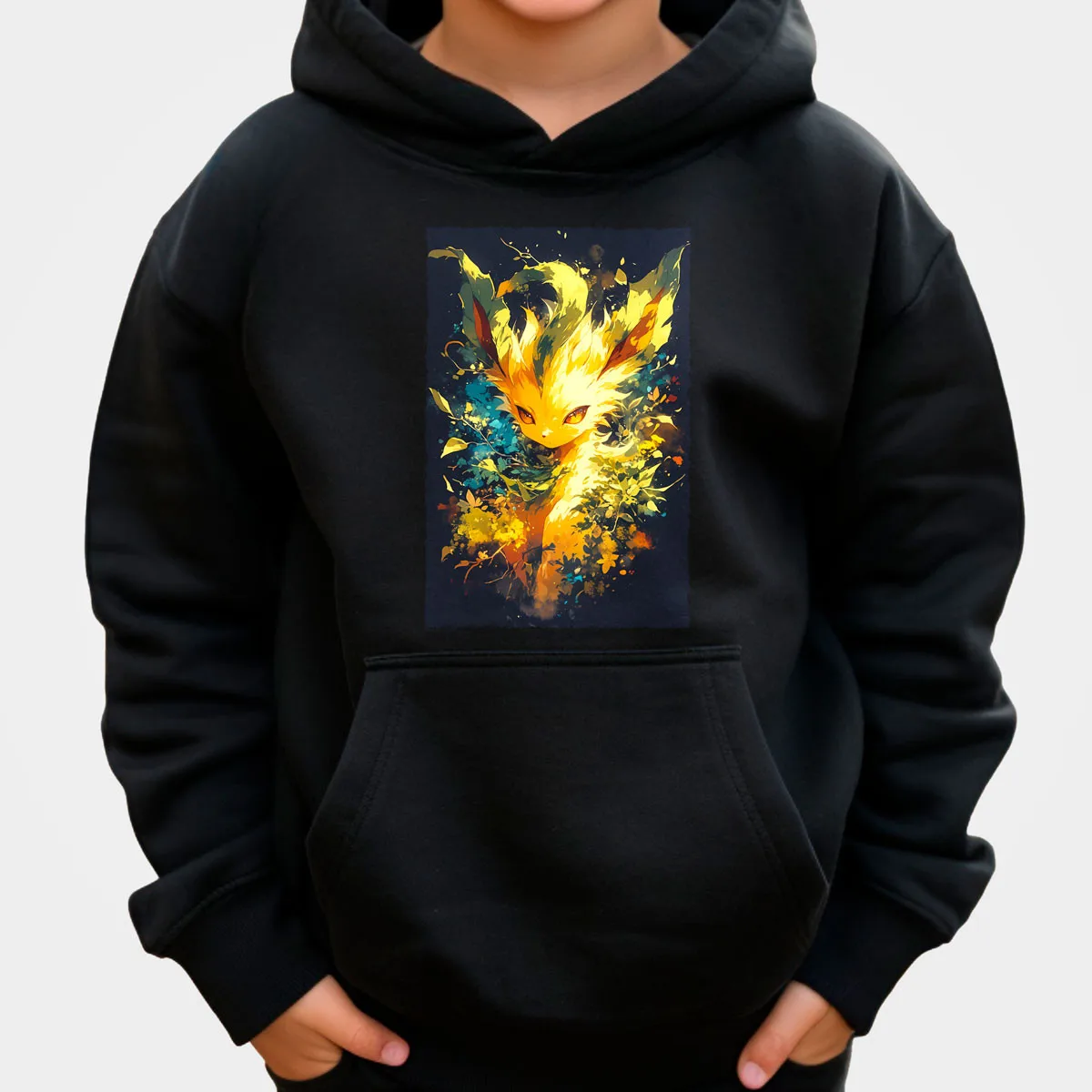 Pokemon Anime Leafeon katoenen hoodie zwart met geelgroen wezen sterrenhemel paarse achtergrond losse pasvorm casual huiskleding ​