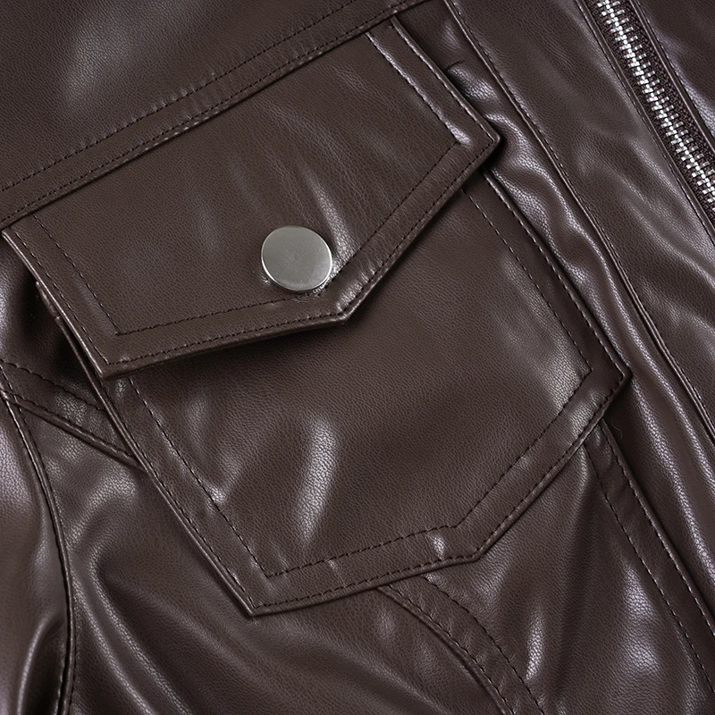 Safari Style Pu Leather Jacket Slim-Fitting Pockets Turtleneck Zip-Up Long Sleeve Coats Women 2025 Autumn Winter Y2K Streetwear