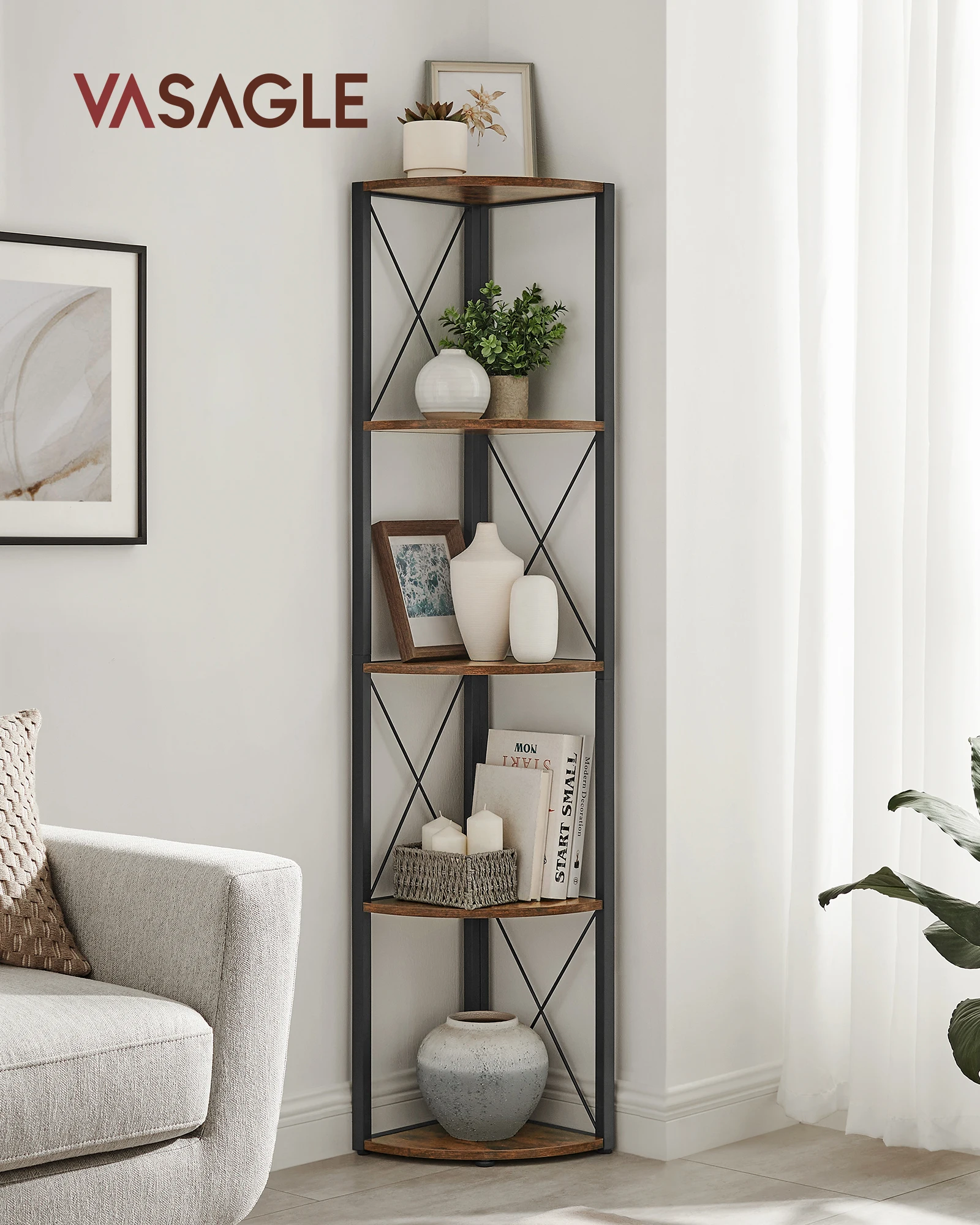 VASAGLE Étagère d'angle à 5 Niveaux étagère de Rangement Multifonction, bibliothèque, étagère à Plantes, pour Salon, Salle de Bain, Cuisine, Chambre à Coucher, Bureau