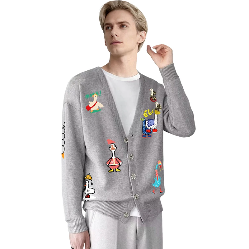

Мужской кардиган, уличный медведь, собака, кролик, слон, гусь, кукла, брошь с изображением животных, v-образный вырез, шерстяной прямой свитер с открытой передней пуговицей
