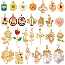 Sweet Rainbow Sun Rose Flower Four Leaf Clover Charm Pendant,Real 18k Gold Shell Zircon Jewelry Findings Necklace Supplies K41