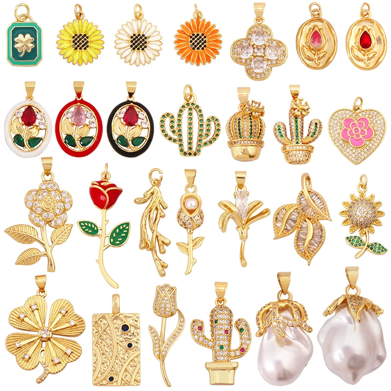 Sweet Rainbow Sun Rose Flower Four Leaf Clover Charm Pendant,Real 18k Gold Shell Zircon Jewelry Findings Necklace Supplies K41