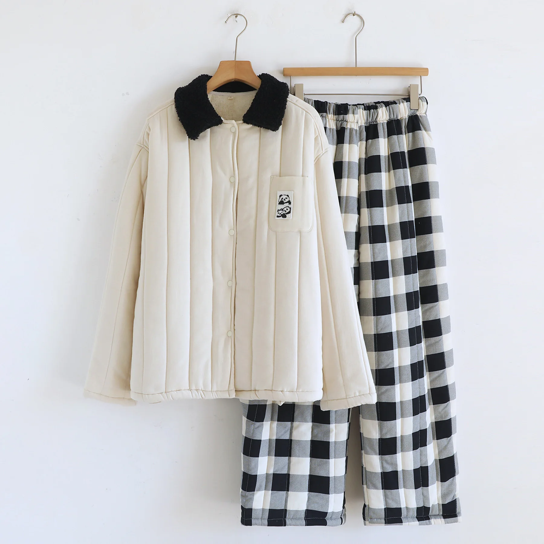 Thickened Pajama Set Women Winter Lapel Collar Checkered Pants Warm Fleece Loungewear Two Piece Sleepwear Home Wear Set