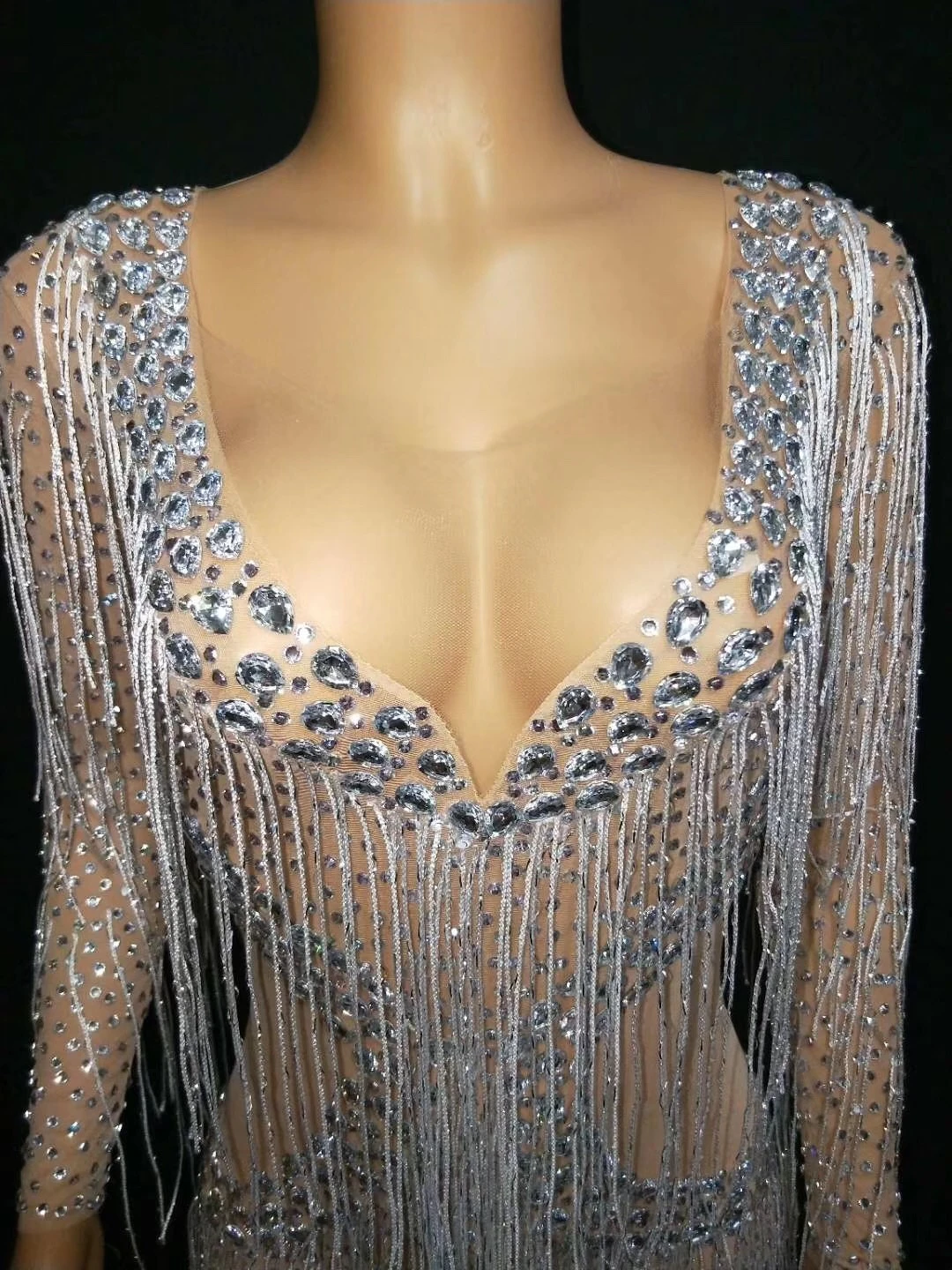 ผู้หญิง Shining Silver พู่ Rhinestones เซ็กซี่ Hollow Out Mini ยืดชุดเต้นรําละตินนักร้องเครื่องแต่งกาย