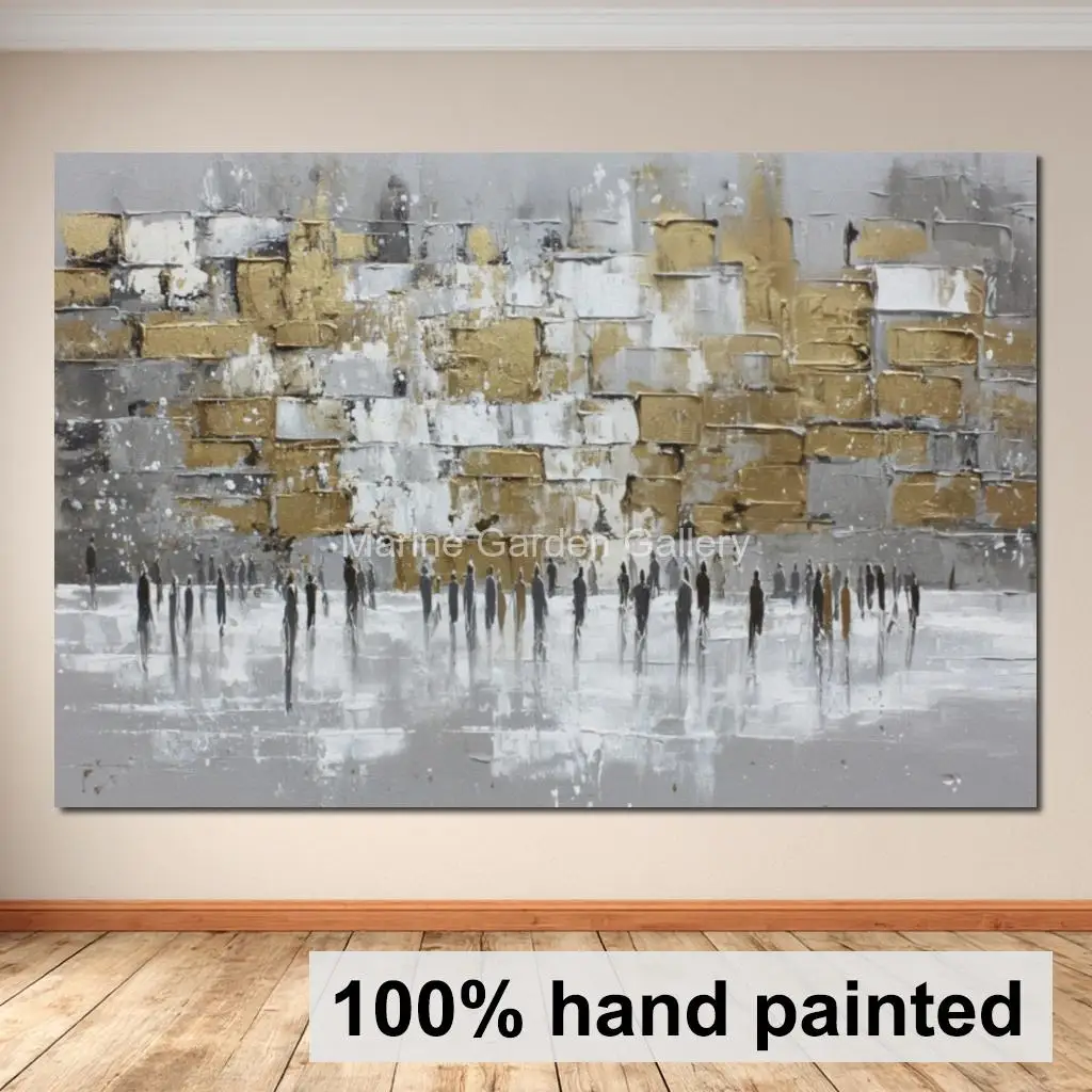 Hand Painted Jewish Textured Oil Painting Western Wall Kotel Jerusalem Abstract White Gold Canvas Art Modern Living Room Decor