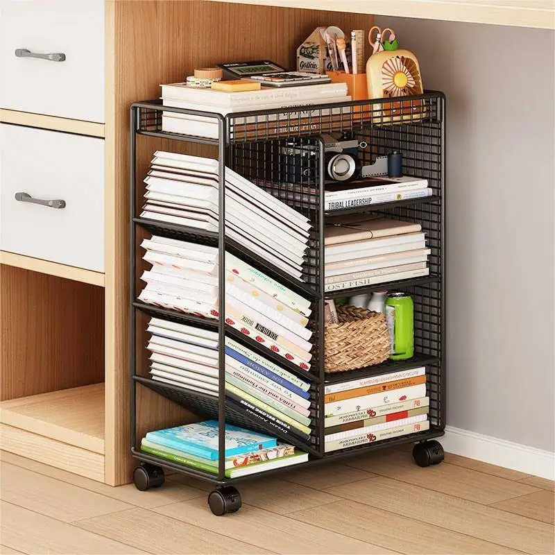 Simple Desk underneath Bookshelf Mobile Cart Stand Easy to Move Classroom Student Desk Book Storage with Wheels under Table