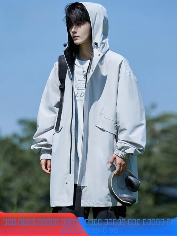 

Mo Cha Trendy Large Size Hooded Jaet Men's Spring Autumn New Loose Versatile Casual Mid-Length Windbreaker Coat