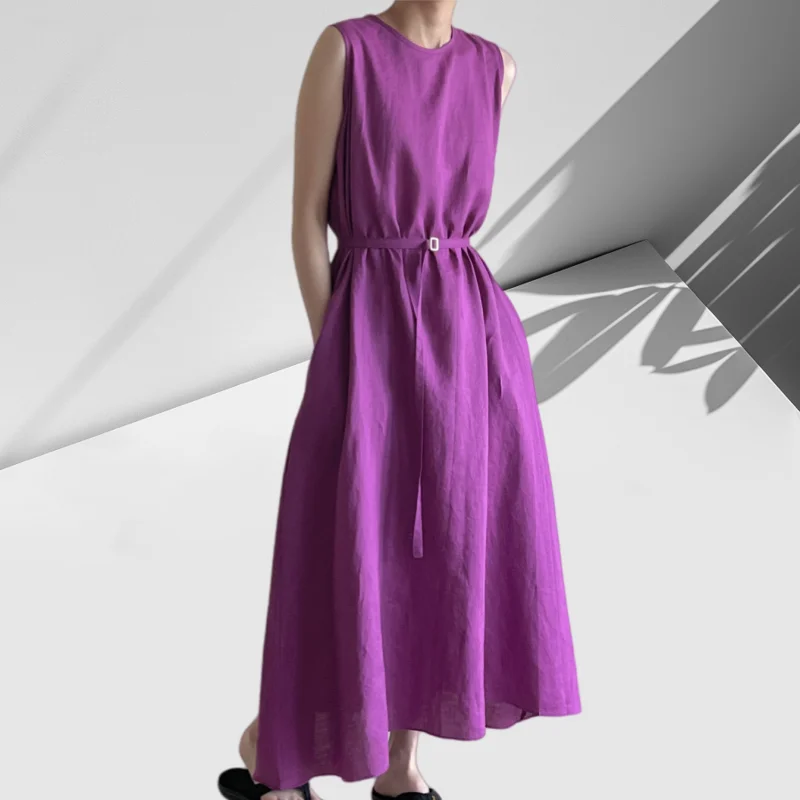 REALEFT Vintage bawełniana i lniana damska długa sukienka szarfy 2025 nowa letnia bez rękawów solidna na co dzień luźna prosta sukienka kobieta