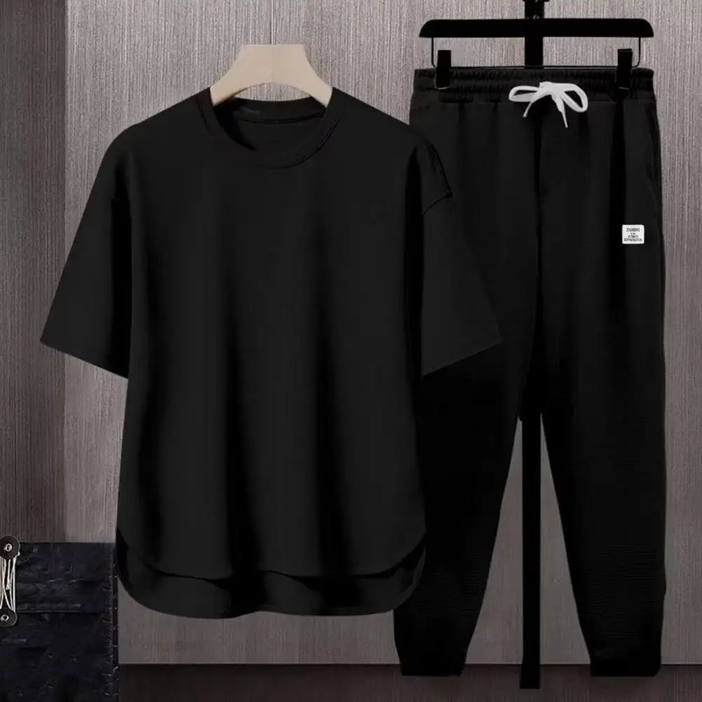 Men Sports Suit Men's Summer Sport Outfit O-neck Short Sleeve T-shirt Wide Leg Sweatpants Set Casual Solid Color for Active