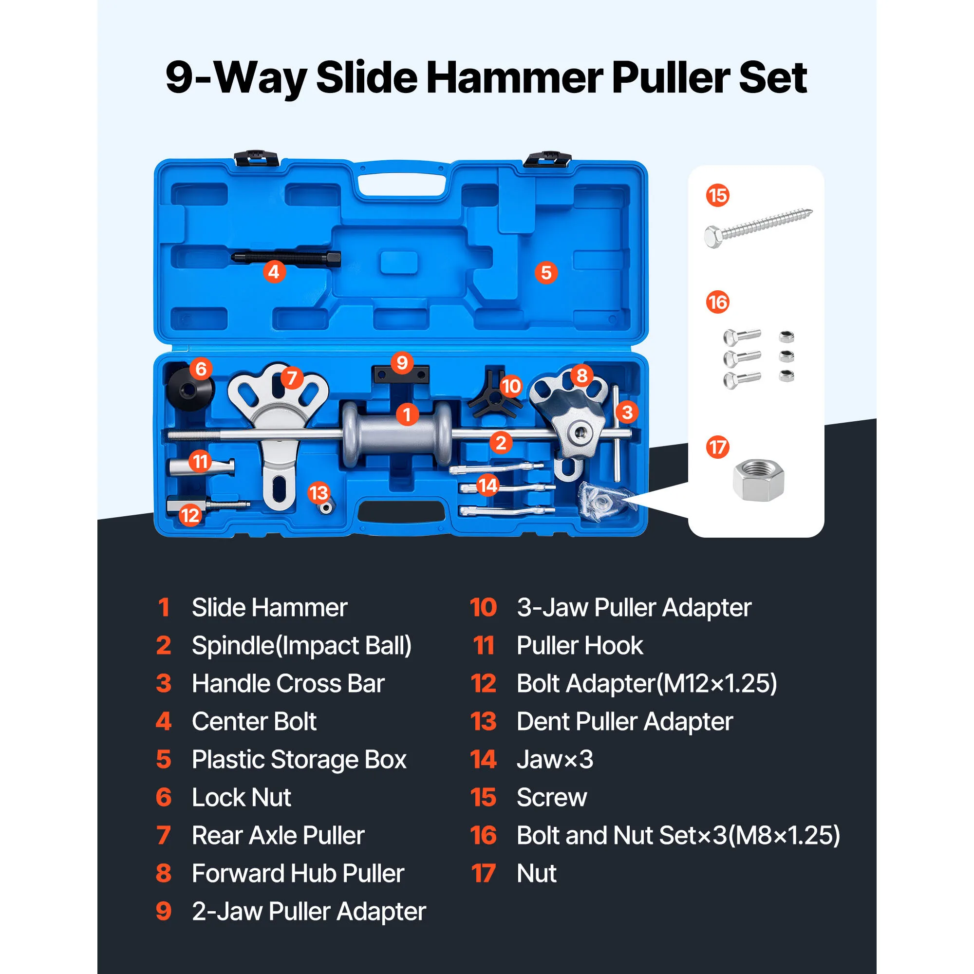 VEVOR 9-Way Slide Hammer Puller Set Front Wheel Hub Bearing Remover Axle Bearing Puller Tool Kit and Slide Hammer Remover Set