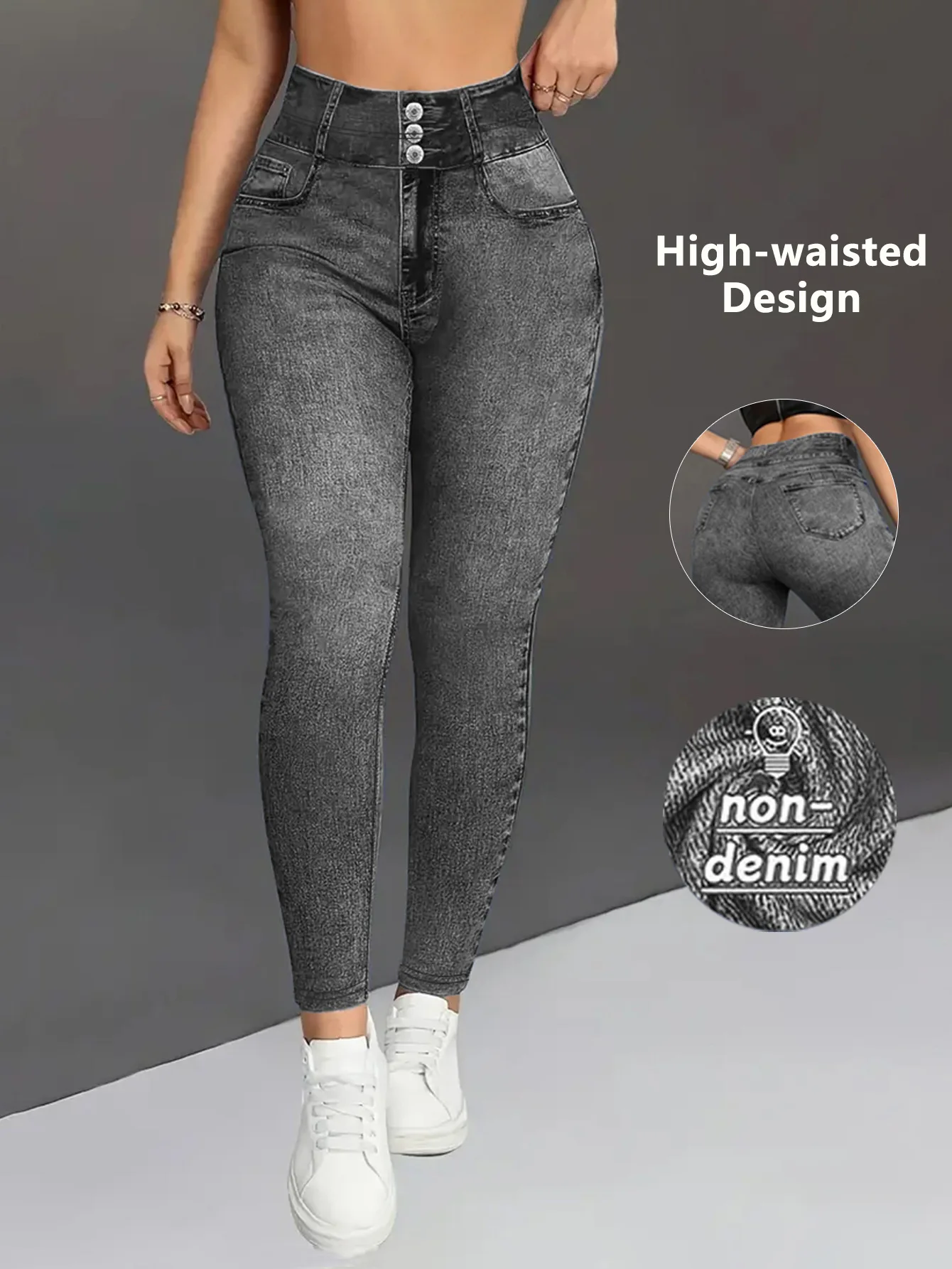 Damen High-Waist Hose in Denim-Optik, Slim Fit, Elastischer Bund, Bauchkontrolle, Po-Lifting, Lässige Hose – Detail 7