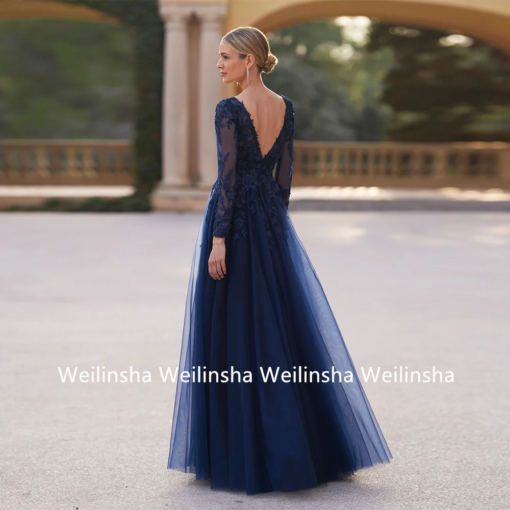 Fashion Navy Mother of The Bride Dress Guest Gowns Customized Scoop Neck Long Sleeves Split Applique Wedding Party Dresses
