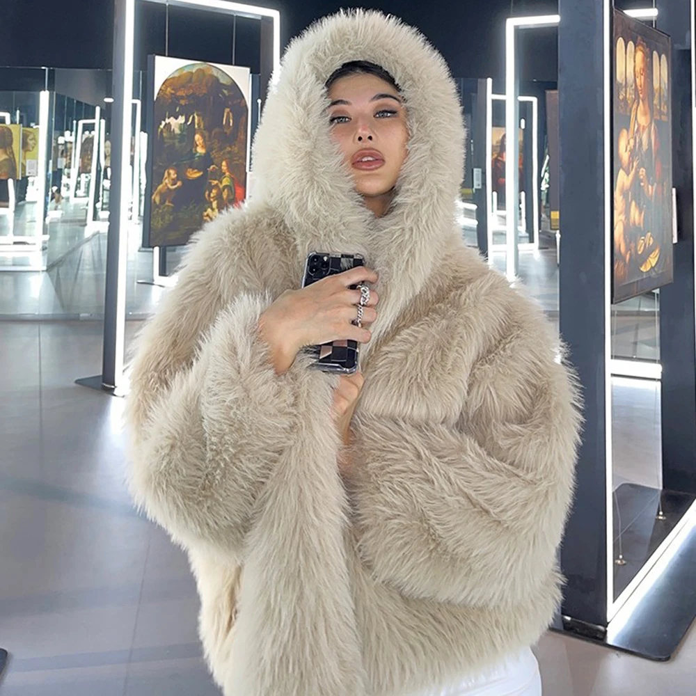 women's fur coat imitation fur solid color faux fur female loose hooded coat winter artificial fur jacket