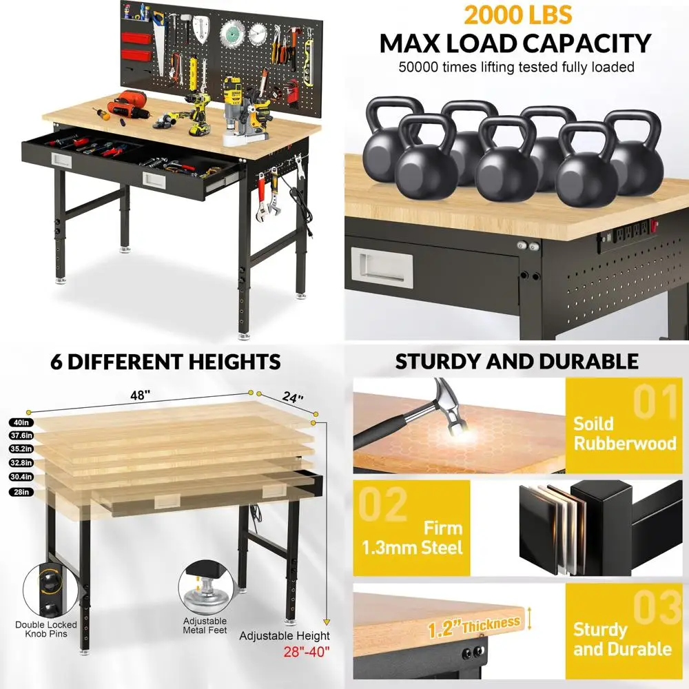 منضدة عمل شديدة التحمل قابلة للتعديل مع أدراج، سعة 2000 رطل، محطة عمل من الخشب المطاطي للاستخدام الصناعي
