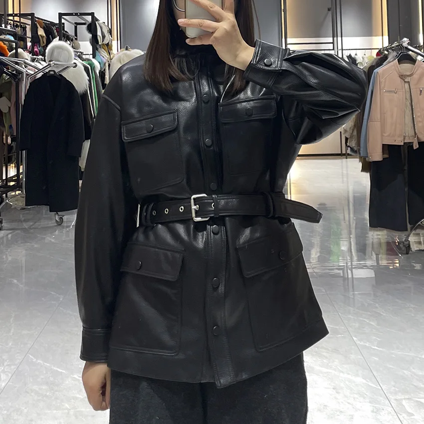 JANEFUR Women Spring Genuine Leather Coat Office Ladies High Waist Retro Casual Sheepskin Real Leather Jacket Autumn JFB6-25009