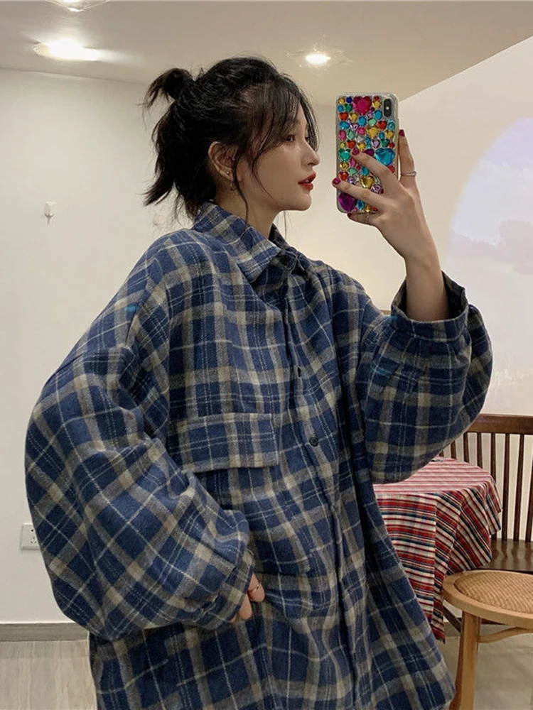 JMPRS Thick Women Shirts Oversize Casual Button Up Loose Shirt Vintage Plaid Pocket Long Sleeve Fall Black Female Tops New